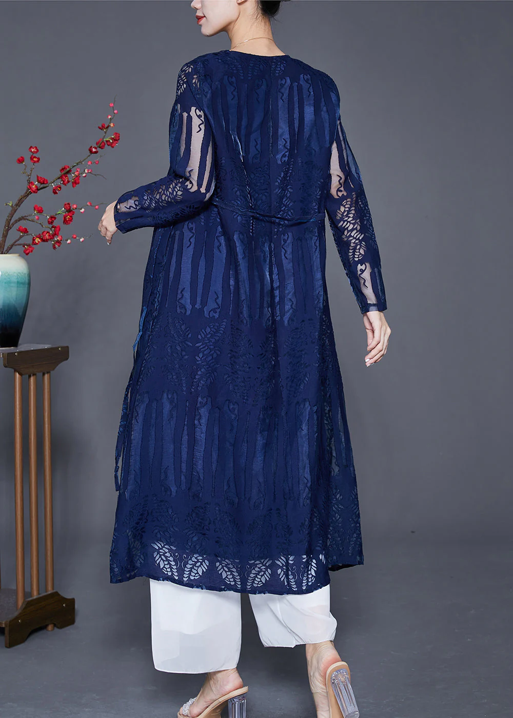 Classy Navy Hollow Out Tie Waist Lace Party Dress Summer - Image 4