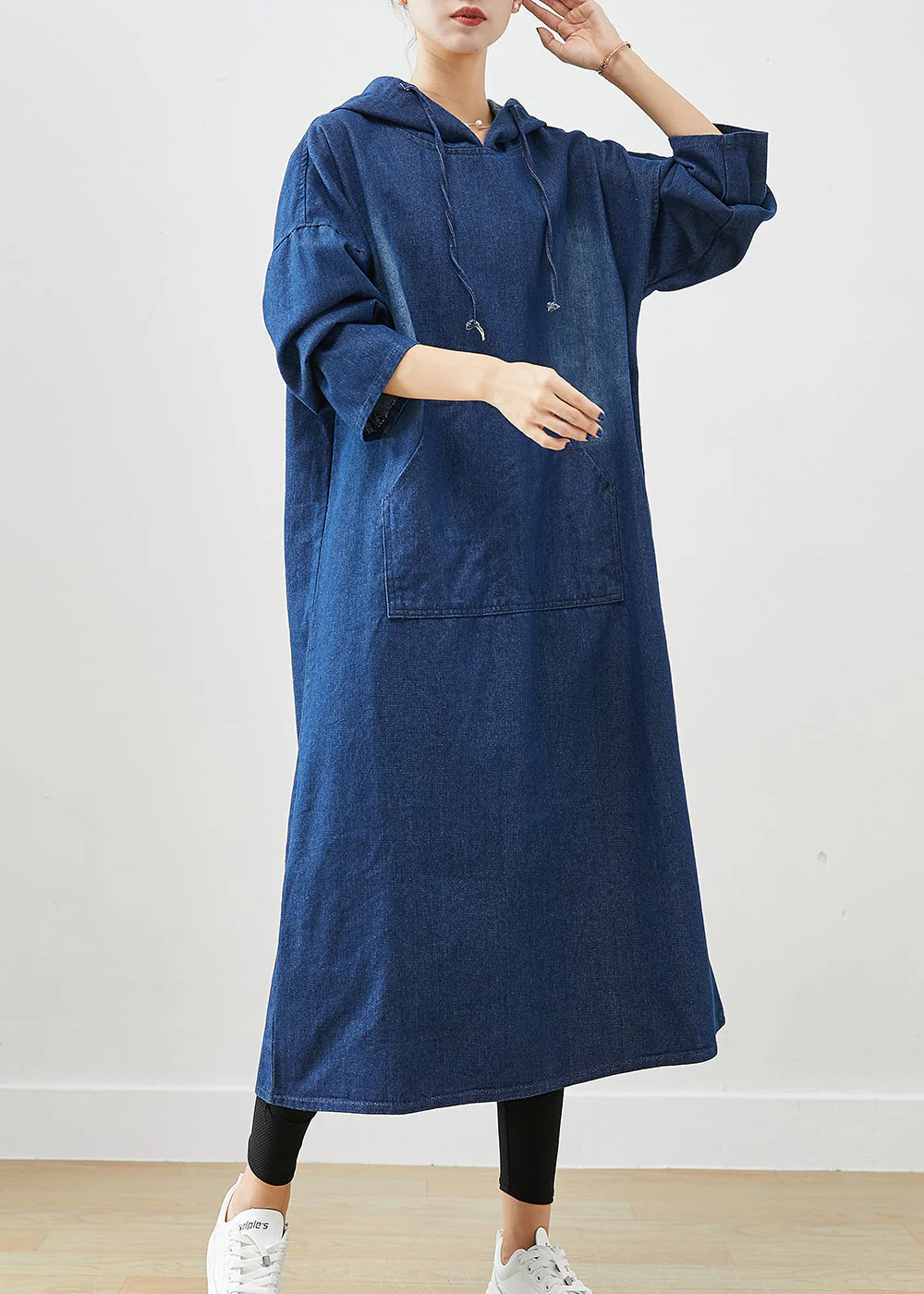 Classy Navy Hooded Oversized Denim Sweatshirt Dress Fall - Image 3