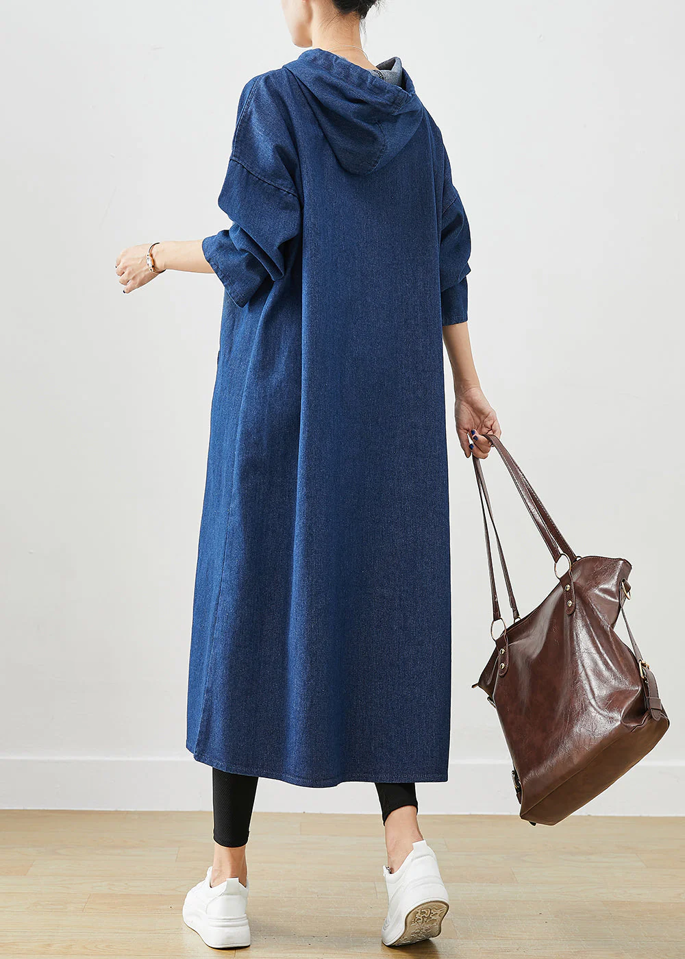 Classy Navy Hooded Oversized Denim Sweatshirt Dress Fall - Image 4