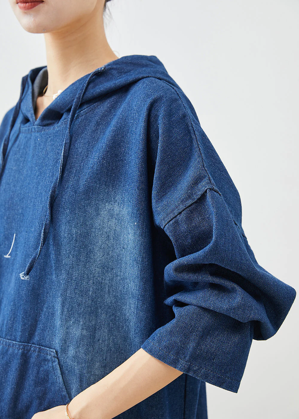 Classy Navy Hooded Oversized Denim Sweatshirt Dress Fall - Image 5