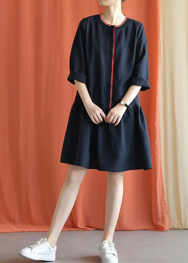 Classy navy linen clothes bracelet sleeved oversized fall Dresses - Image 2