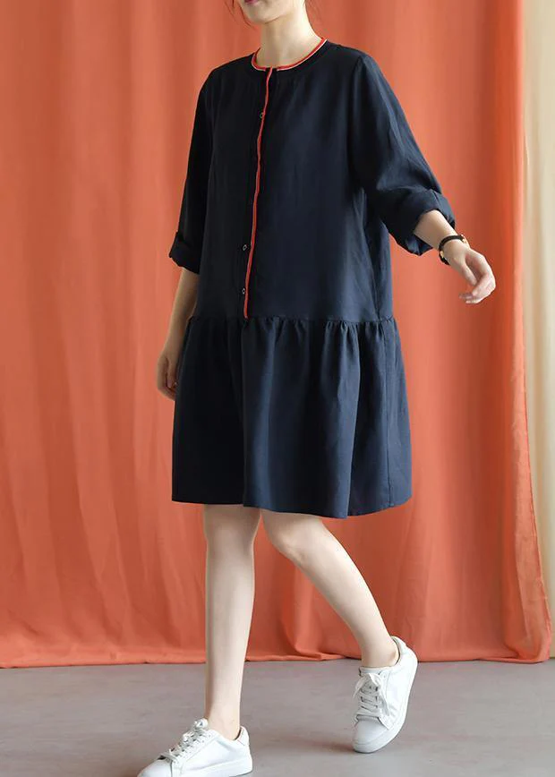 Classy navy linen clothes bracelet sleeved oversized fall Dresses - Image 3