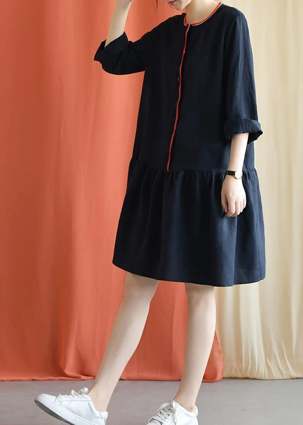 Classy navy linen clothes bracelet sleeved oversized fall Dresses - Image 4