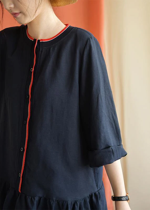 Classy navy linen clothes bracelet sleeved oversized fall Dresses - Image 5