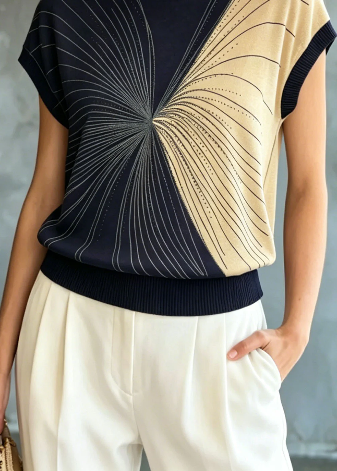 Classy Navy O Neck Zircon Ice Silk Knit Tops Summer - Image 4