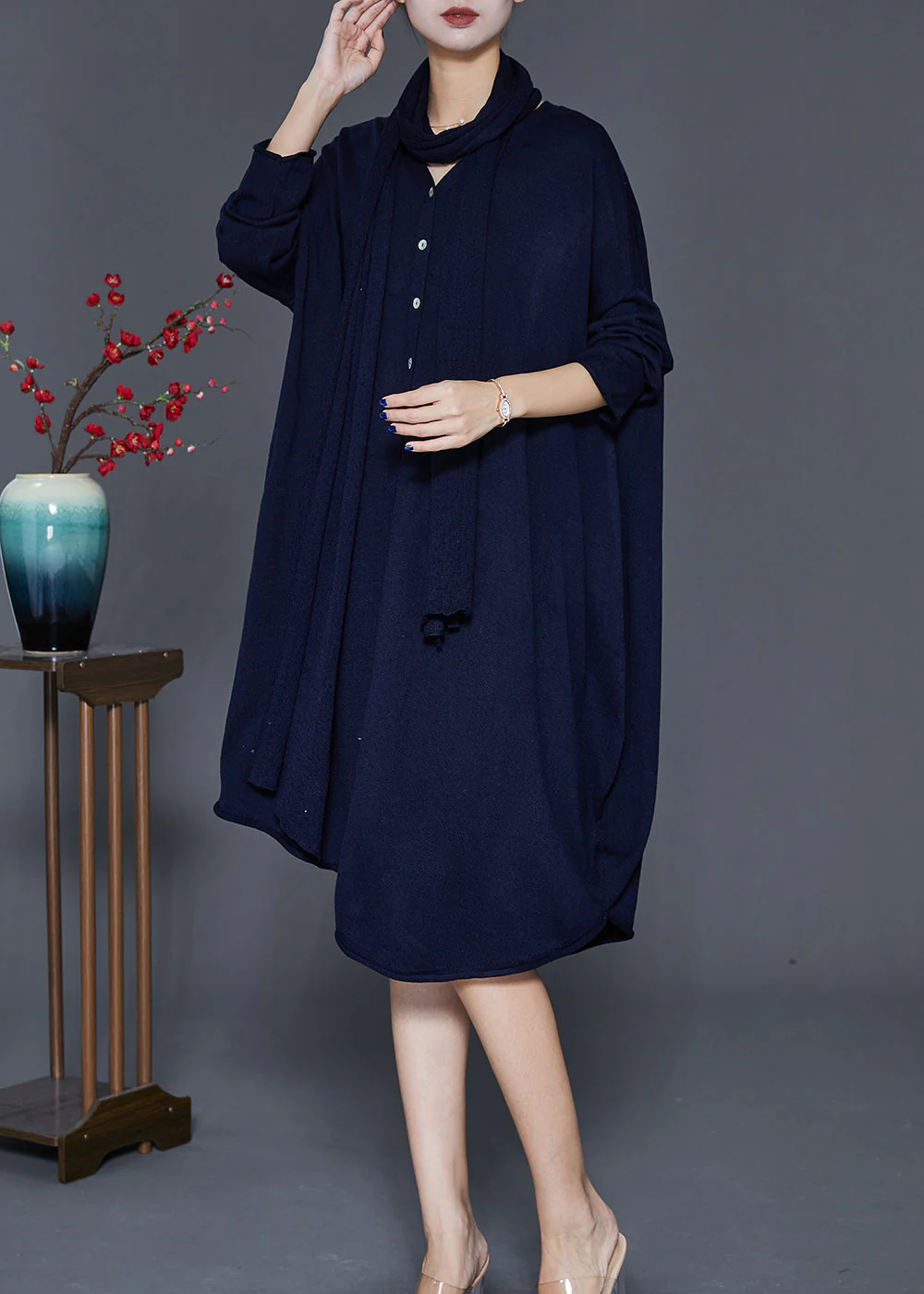Classy Navy Oversized Complimentary Scarf Knit Mid Dress Fall - Image 3
