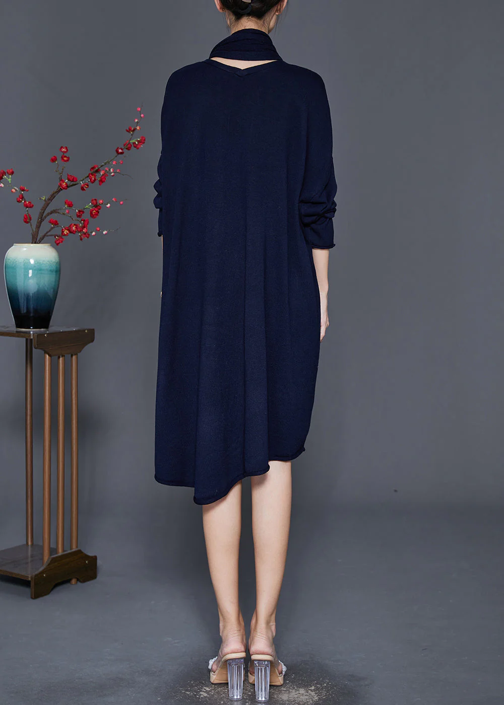 Classy Navy Oversized Complimentary Scarf Knit Mid Dress Fall - Image 4