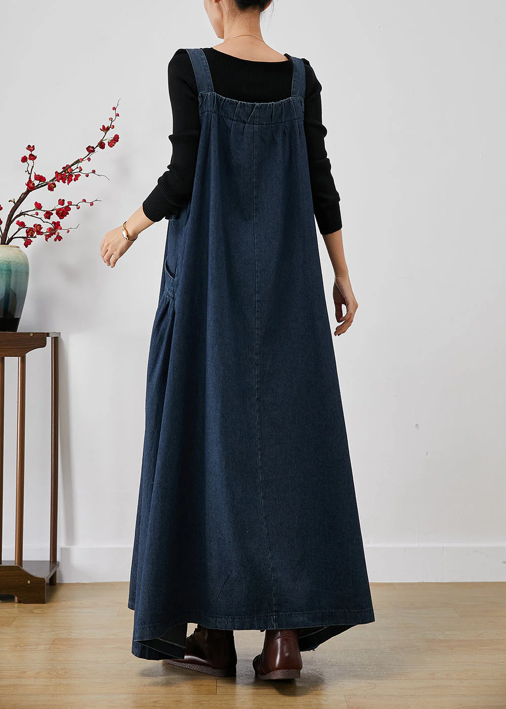 Classy Navy Oversized Exra Large Hem Denim Strap Dresses Fall - Image 4