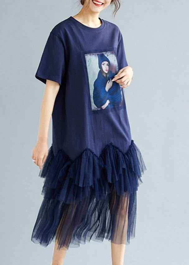 Classy Navy Patchwork Character Pattern Short Sleeve Robe Dresses