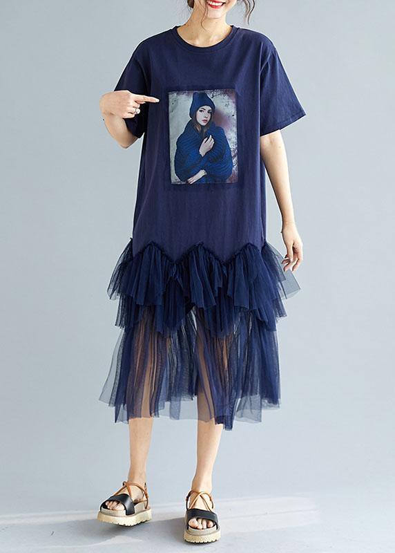 Classy Navy Patchwork Character Pattern Short Sleeve Robe Dresses - Image 2