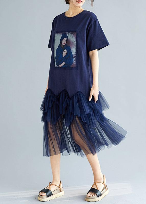 Classy Navy Patchwork Character Pattern Short Sleeve Robe Dresses - Image 3