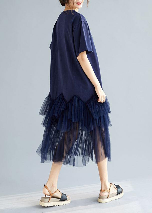 Classy Navy Patchwork Character Pattern Short Sleeve Robe Dresses - Image 4