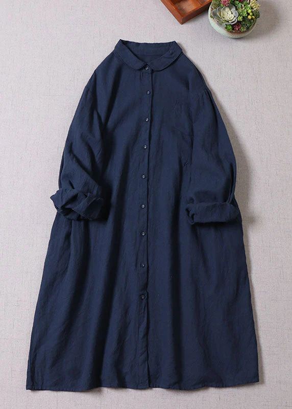 Classy Navy Peter Pan Collar Button shirts Dress Spring - Image 2