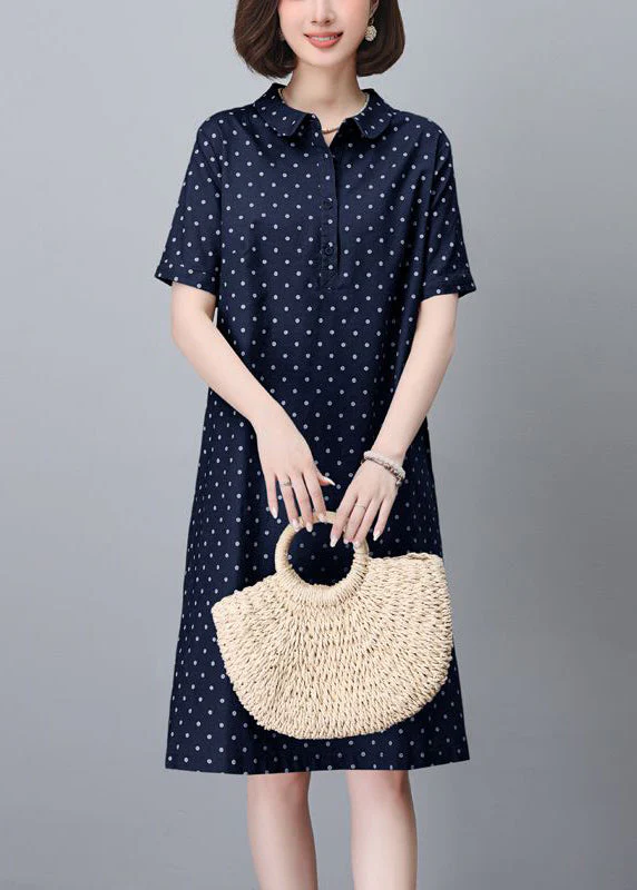 Classy Navy Peter Pan Collar Dot Pring Cotton Mid Dress Summer - Image 4