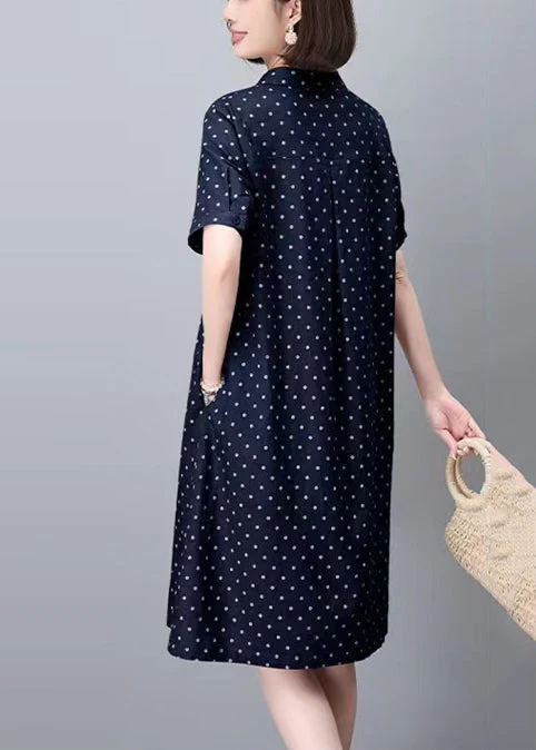 Classy Navy Peter Pan Collar Dot Pring Cotton Mid Dress Summer - Image 5