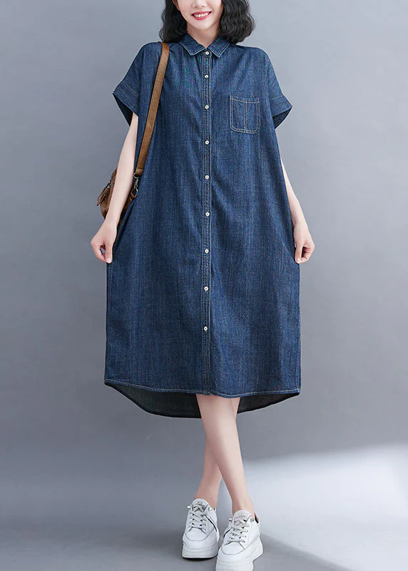 Classy Navy Peter Pan Collar Pocket Denim Shirt Dress Summer - Image 2