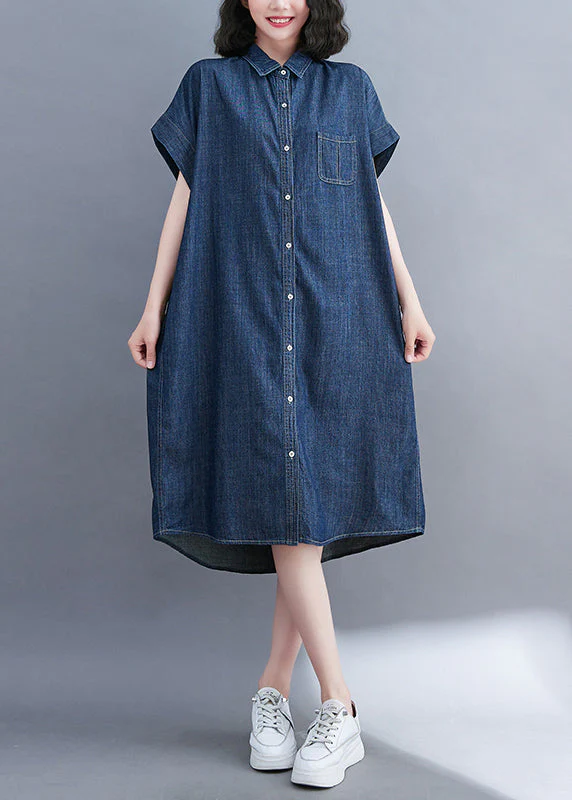 Classy Navy Peter Pan Collar Pocket Denim Shirt Dress Summer - Image 4