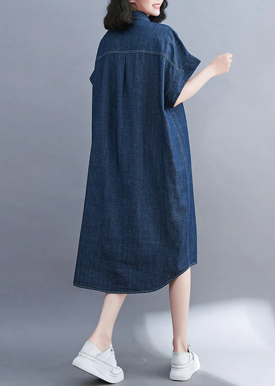 Classy Navy Peter Pan Collar Pocket Denim Shirt Dress Summer - Image 5