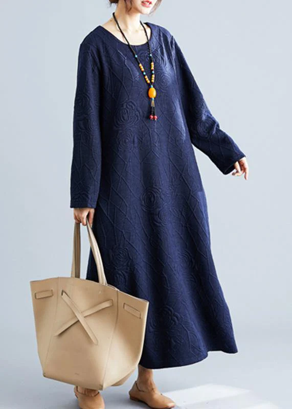 Classy o neck jacquard cotton Wardrobes Tunic navy Traveling Dresses fall - Image 2