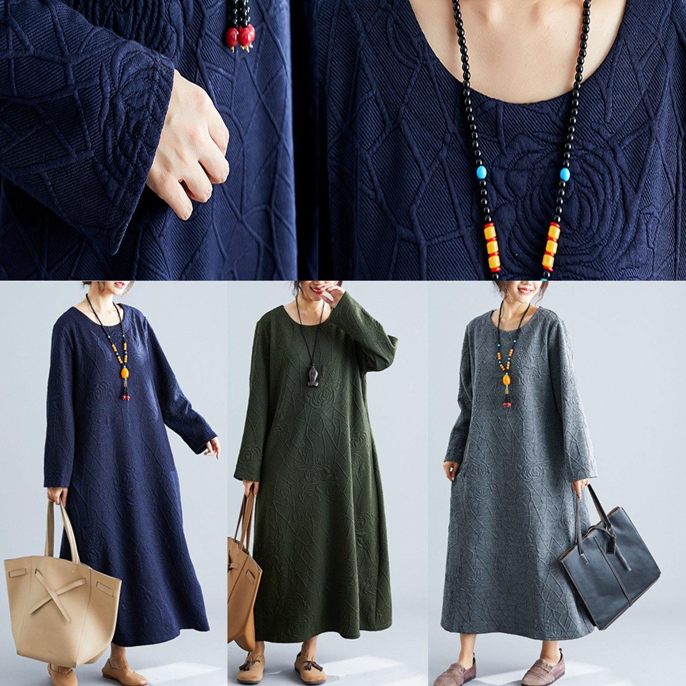 Classy o neck jacquard cotton Wardrobes Tunic navy Traveling Dresses fall - Image 5