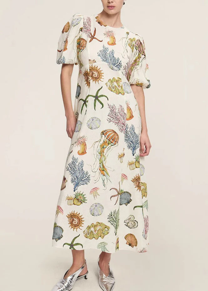 Classy O-Neck Print Tunic Long Dress Short Sleeve