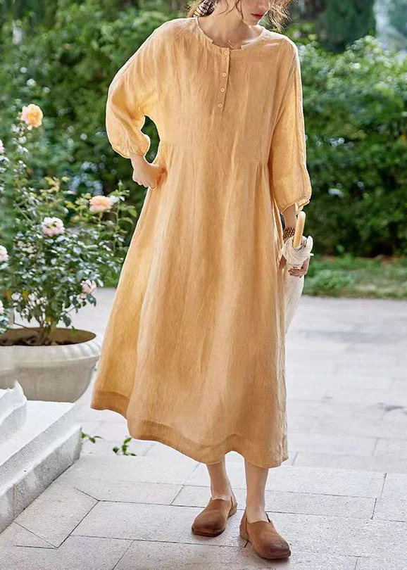 Classy Orange O-Neck Button Pockets Cotton Dress Spring - Image 2