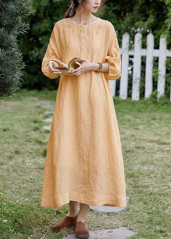 Classy Orange O-Neck Button Pockets Cotton Dress Spring - Image 3