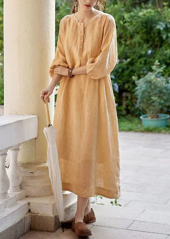 Classy Orange O-Neck Button Pockets Cotton Dress Spring - Image 4