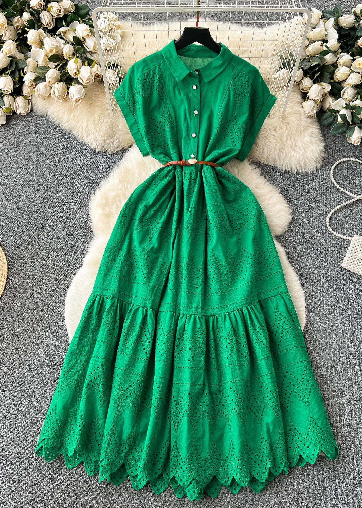Classy Orange Peter Pan Collar Button Hollow Out Cotton Shirt Dresses Summer - Image 2