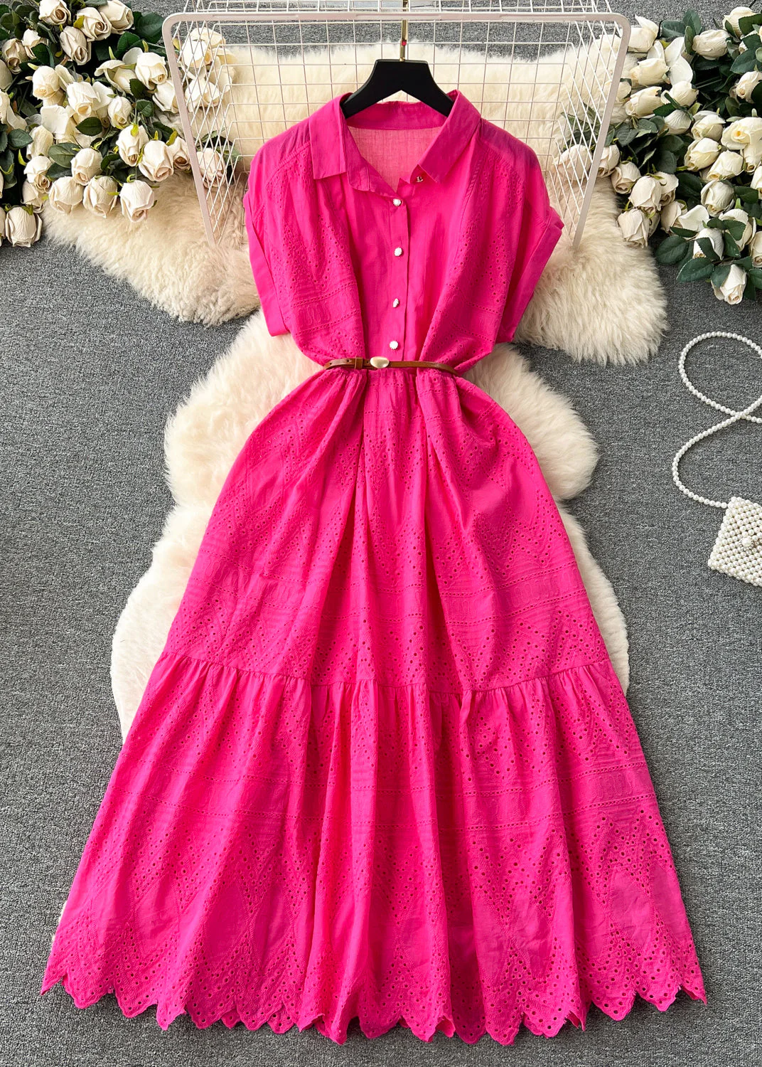 Classy Orange Peter Pan Collar Button Hollow Out Cotton Shirt Dresses Summer - Image 3