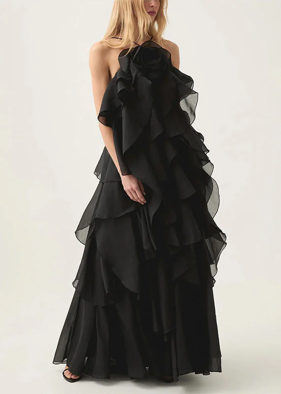 Classy Orange Ruffled Asymmetrical Patchwork Chiffon Dress Summer - Image 2