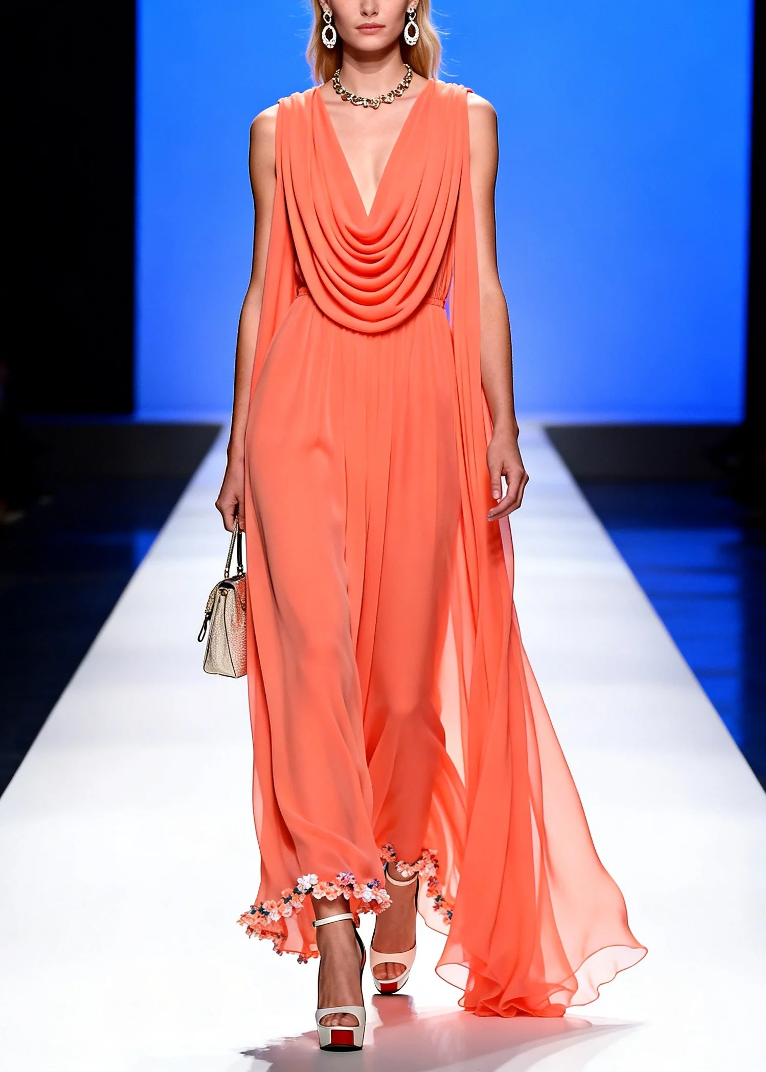 Classy Orange Turtle Neck Draping Chiffon Long Dress Summer