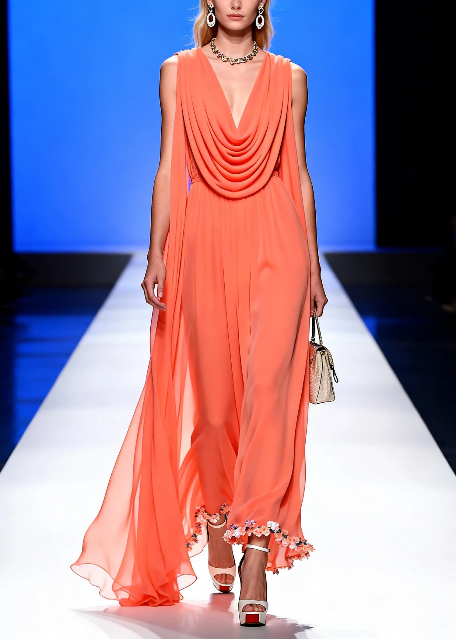 Classy Orange Turtle Neck Draping Chiffon Long Dress Summer - Image 3