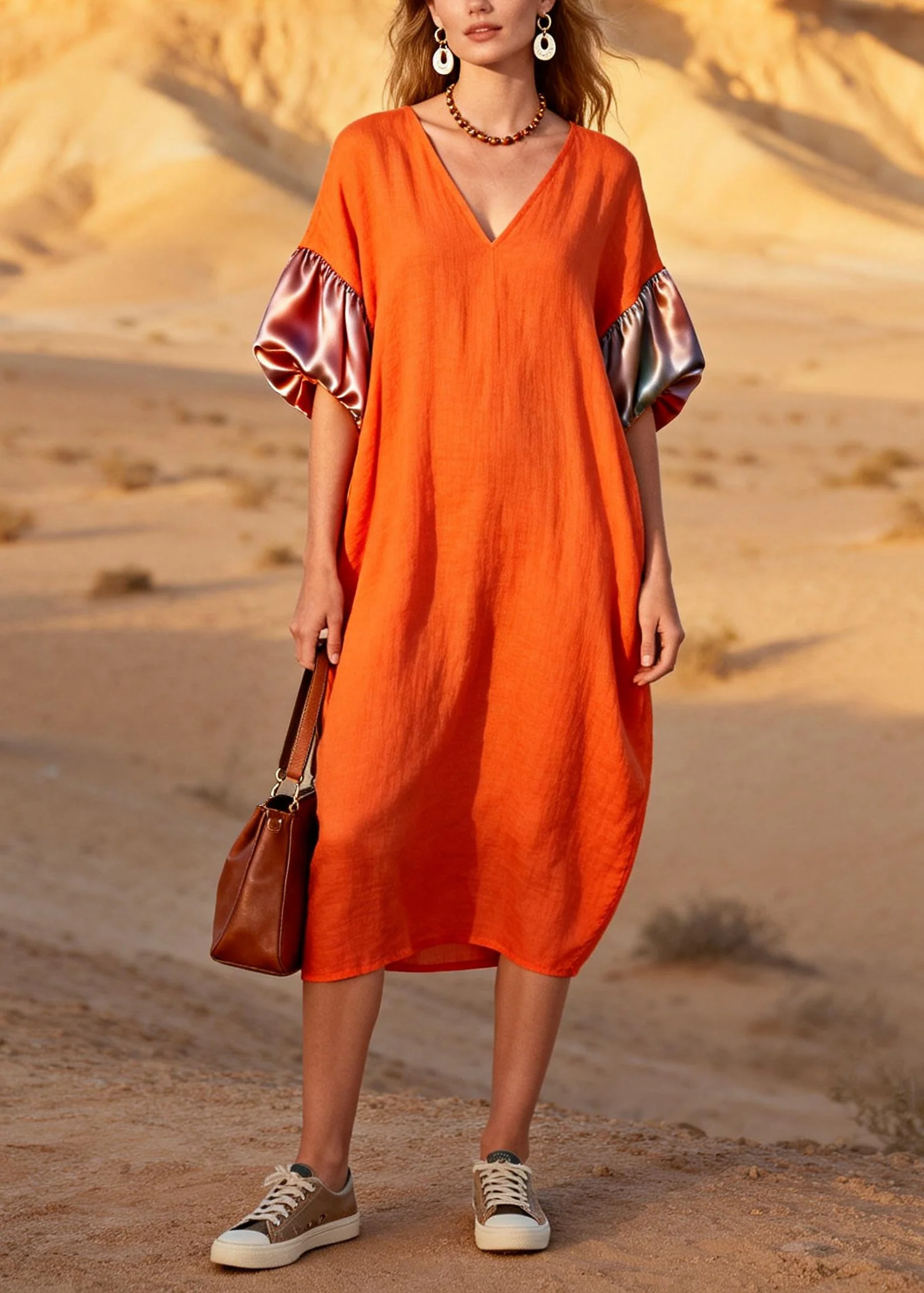 Classy Orange V Neck Patchwork Linen Silk Straight Dress Summer - Image 5