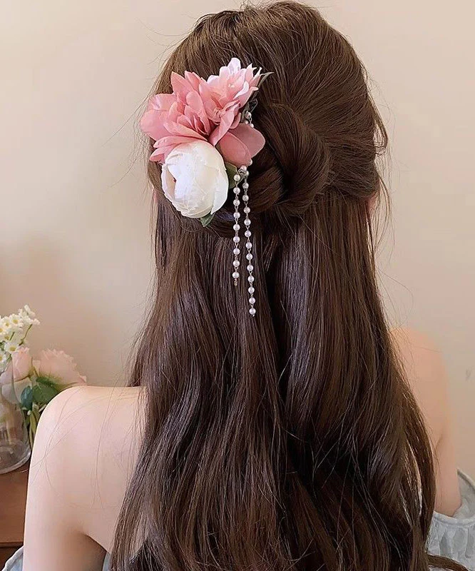 Classy Pink Acrylic Cloth Pearl Floral Tassel Hairpin - Image 4
