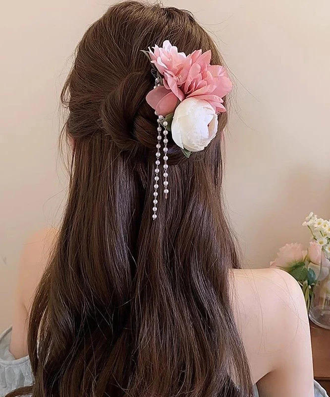 Classy Pink Acrylic Cloth Pearl Floral Tassel Hairpin - Image 5