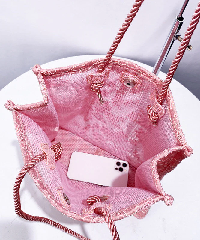 Classy Pink Embroidered Large Capacity Tulle Women Handbags - Image 5