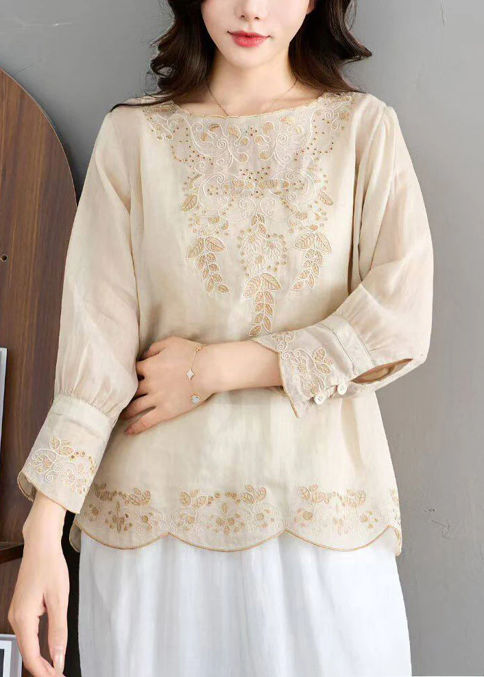 Classy Pink O-Neck Hollow Out Embroidered Linen Shirt Fall - Image 4