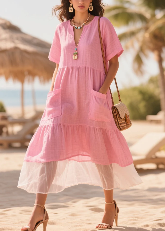 Classy Pink Oversized Patchwork Tulle Cotton Maxi Dresses Summer - Image 3