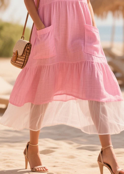 Classy Pink Oversized Patchwork Tulle Cotton Maxi Dresses Summer - Image 4