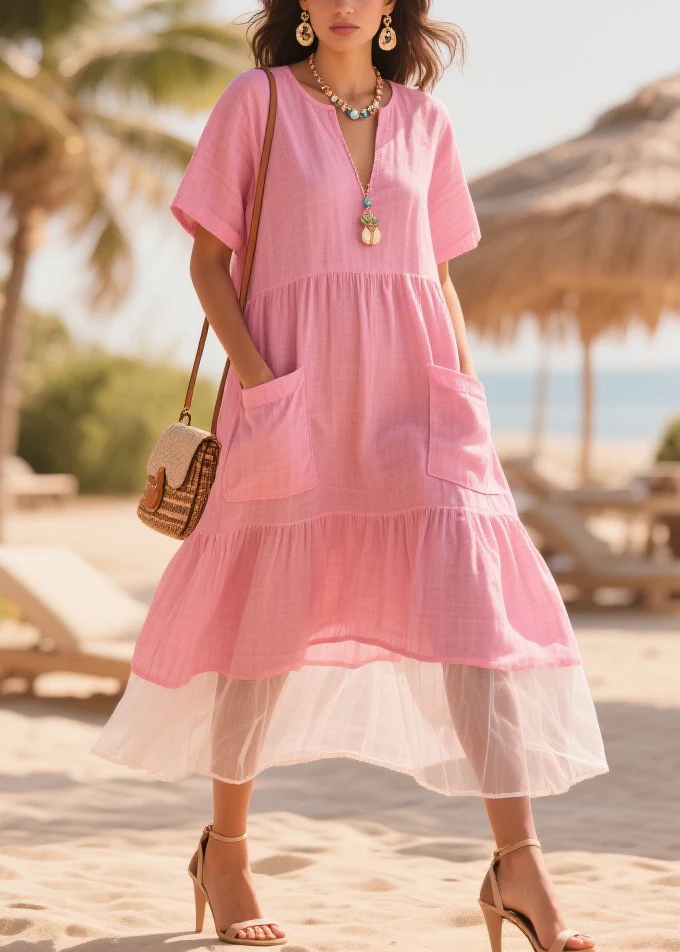 Classy Pink Oversized Patchwork Tulle Cotton Maxi Dresses Summer - Image 5