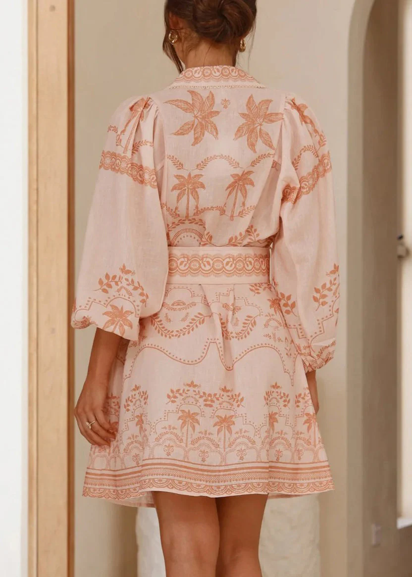 Classy Pink Peter Pan Collar Print Sashes Linen Shirts Dress Spring - Image 4