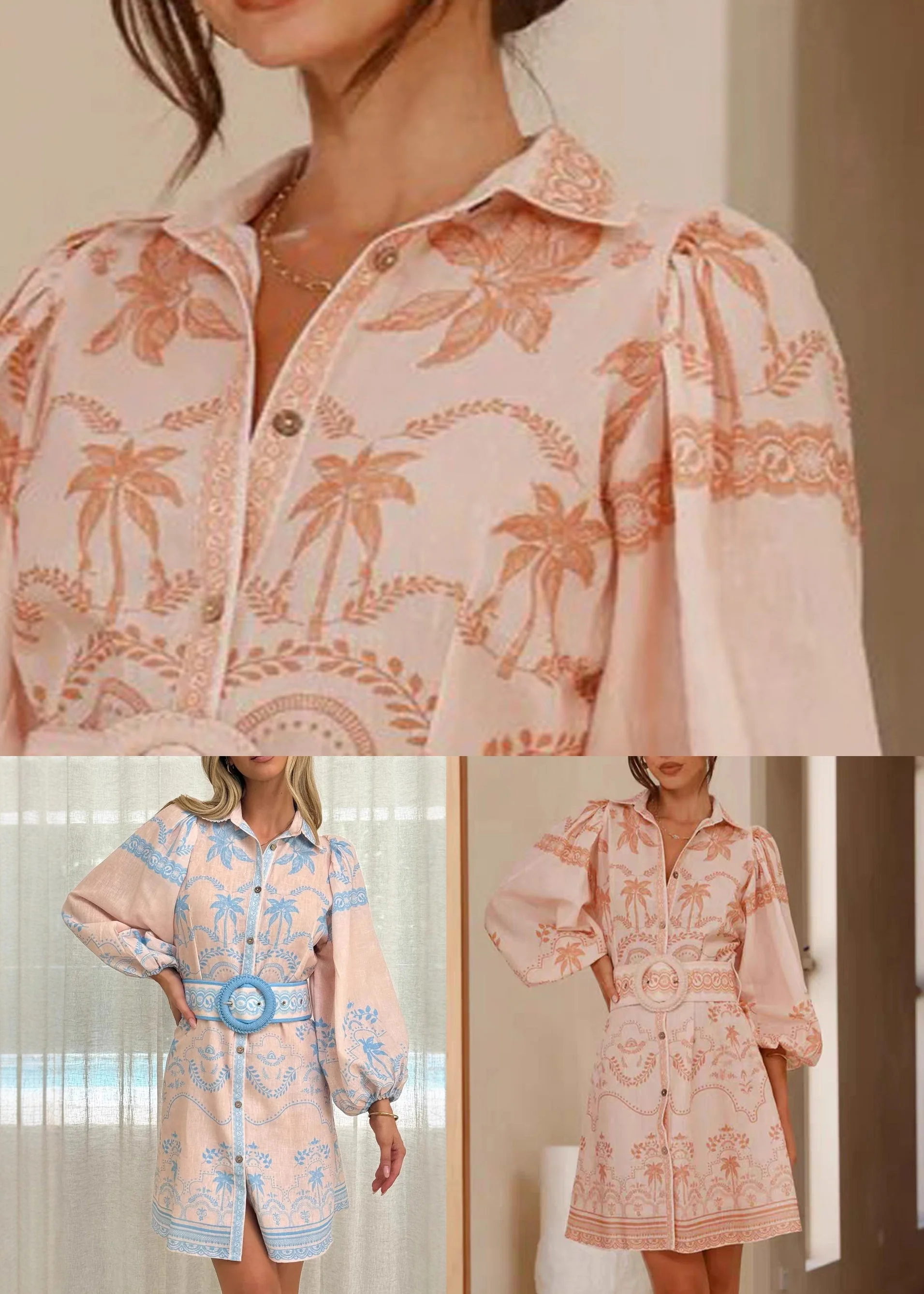 Classy Pink Peter Pan Collar Print Sashes Linen Shirts Dress Spring - Image 5