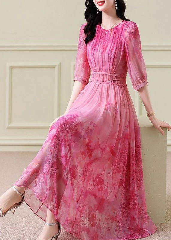Classy Pink Print Wrinkled Tie Waist Chiffon Maxi Dresses Half Sleeve - Image 2