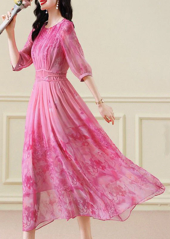 Classy Pink Print Wrinkled Tie Waist Chiffon Maxi Dresses Half Sleeve - Image 3