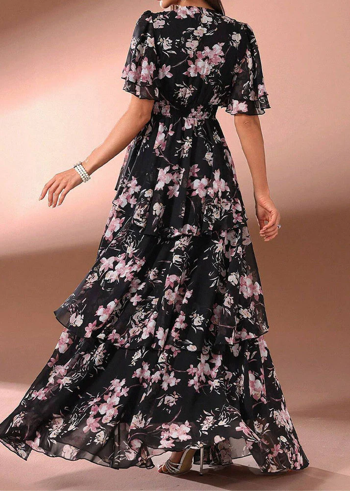 Classy Pink Ruffled Print Chiffon Long Dresses Summer - Image 4