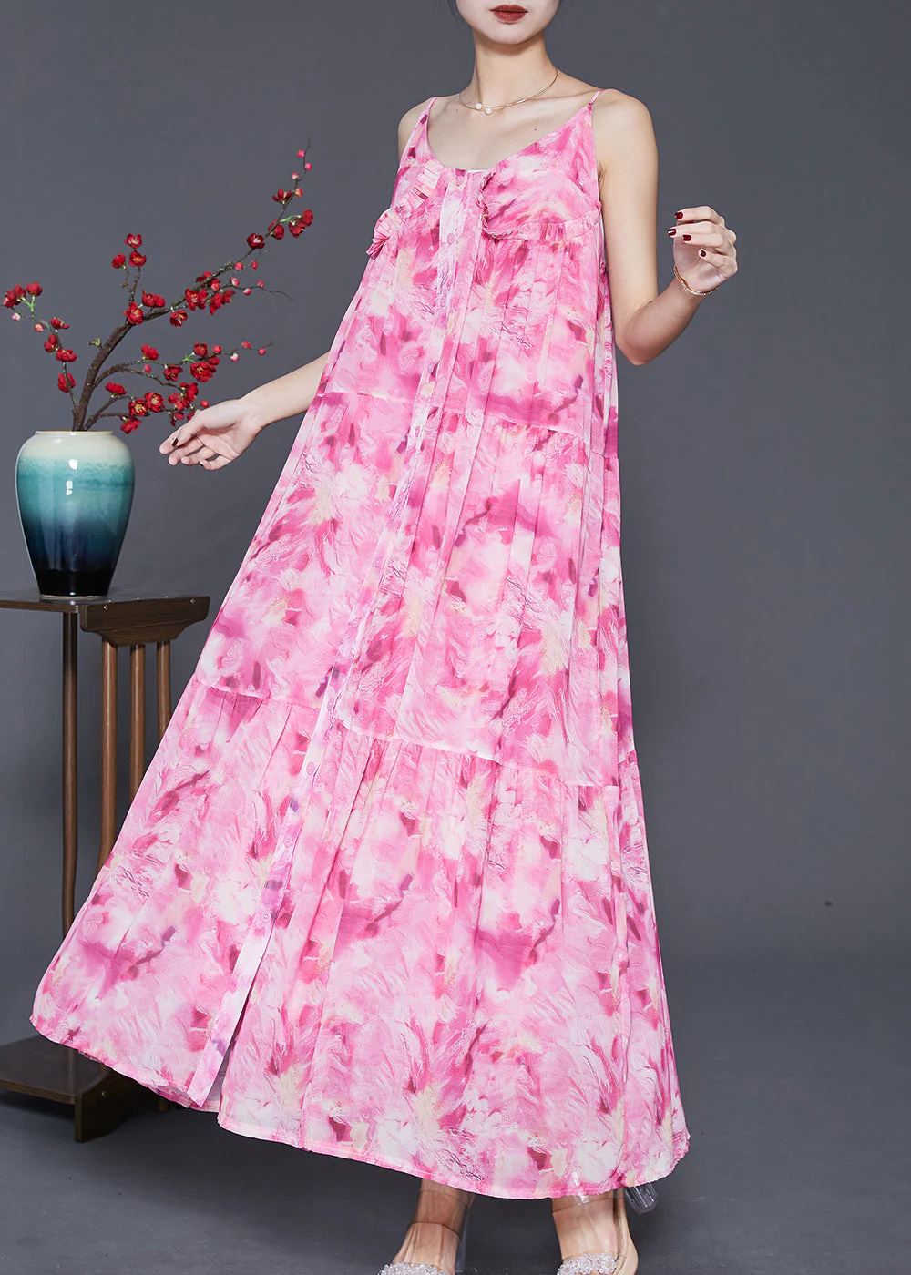 Classy Pink Ruffled Print Chiffon Spaghetti Strap Dress Summer - Image 2