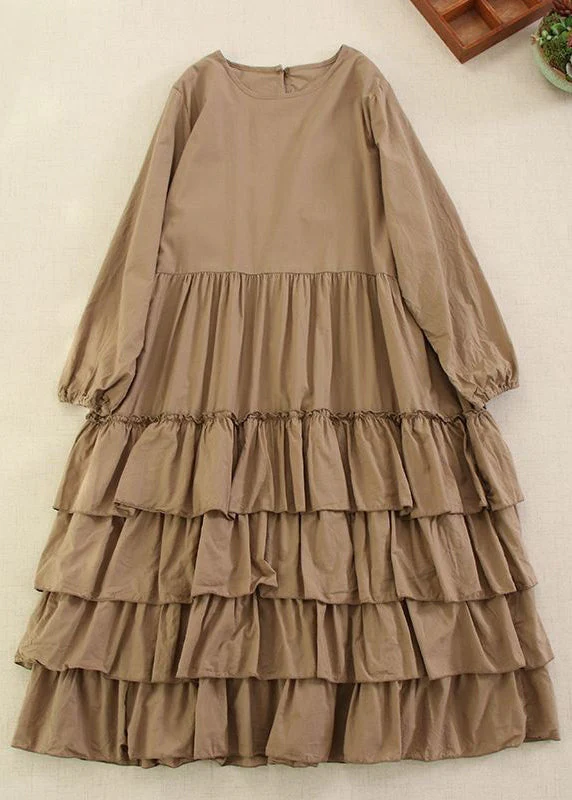 Classy Pink Solid O-Neck Ruffled Cotton Long Dress Long Sleeve - Image 3