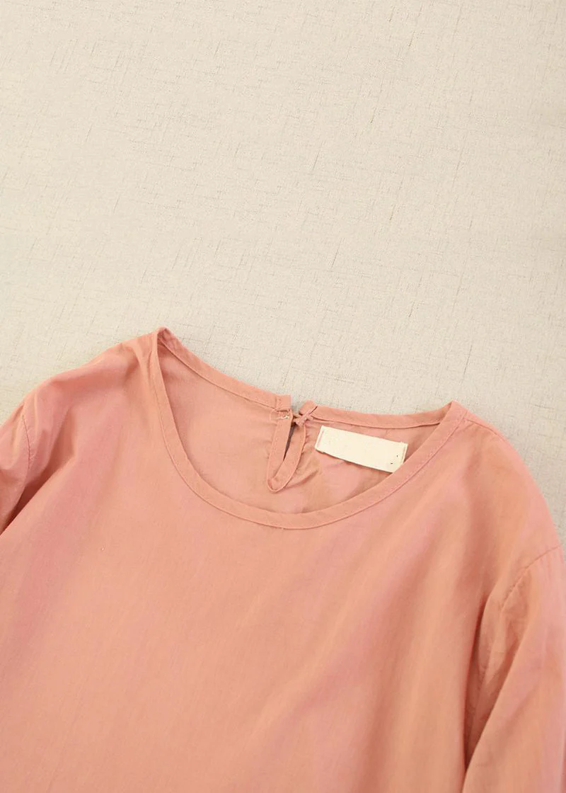 Classy Pink Solid O-Neck Ruffled Cotton Long Dress Long Sleeve - Image 4