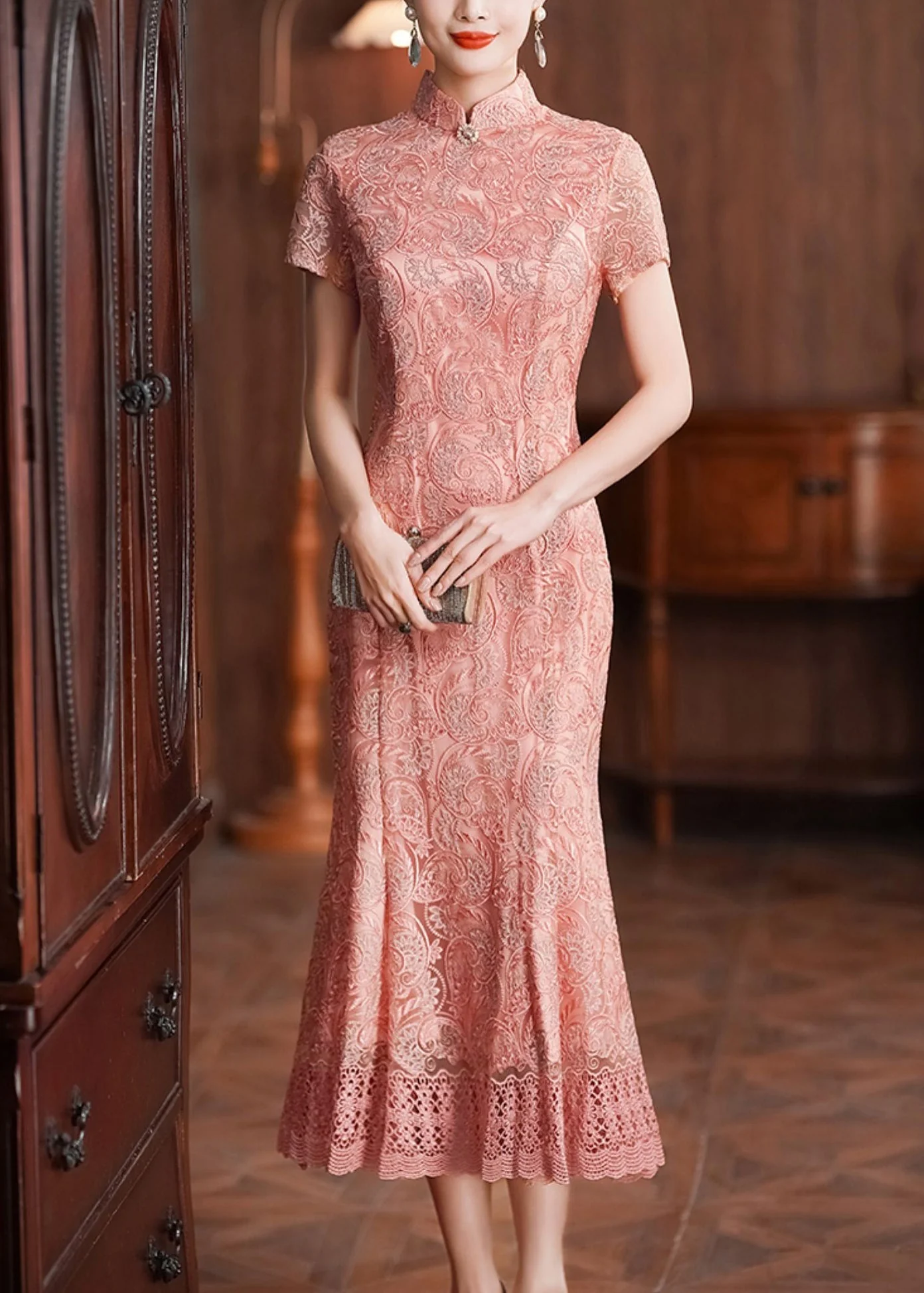 Classy Pink Stand Collar Lace Patchwork Long Dresses Summer - Image 2